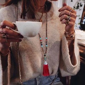 Necklace Fashion long pendant beads Tassel Black💖